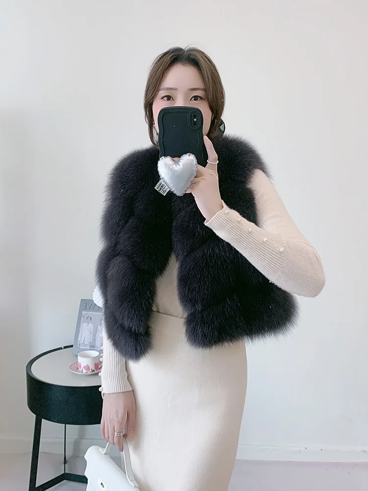 Women's Natural Fox Fur Vest Winter Warm Thick Fashion Hooded Genuine Sheepskin Real Fur Short Outerwear for Ladies