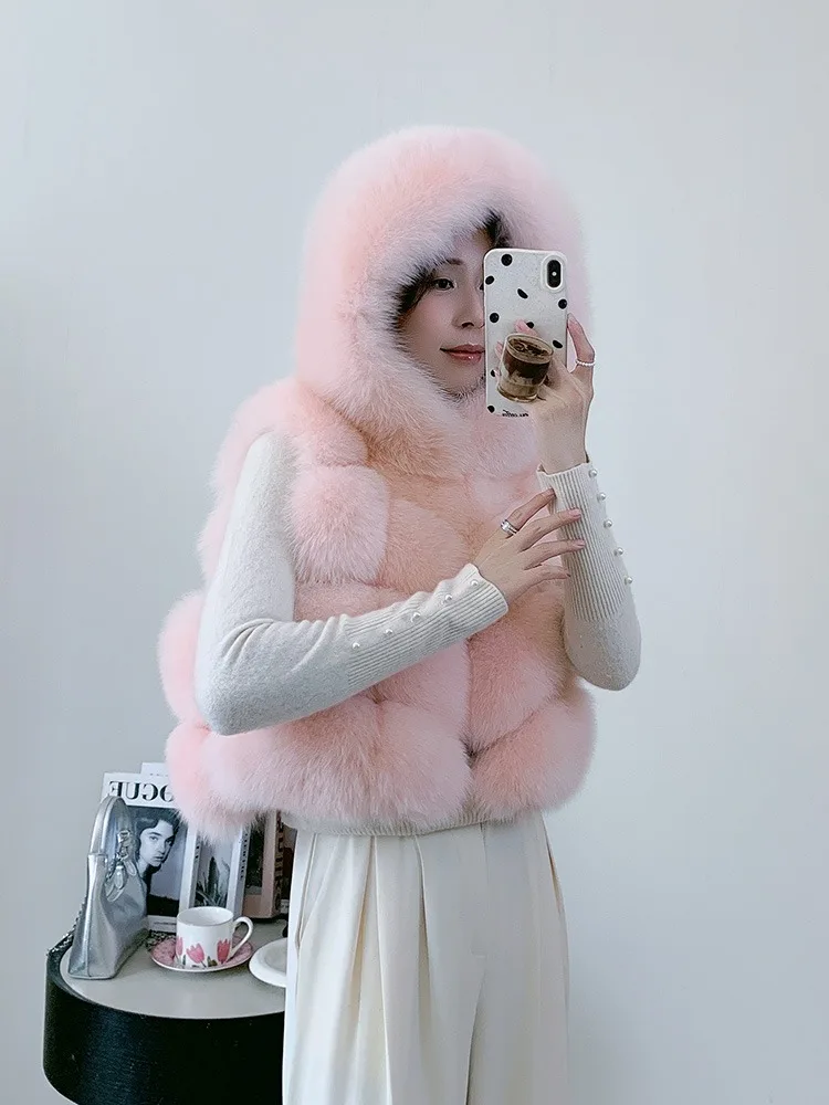 Women's Natural Fox Fur Vest Winter Warm Thick Fashion Hooded Genuine Sheepskin Real Fur Short Outerwear for Ladies