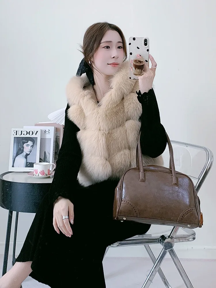 Women's Natural Fox Fur Vest Winter Warm Thick Fashion Hooded Genuine Sheepskin Real Fur Short Outerwear for Ladies