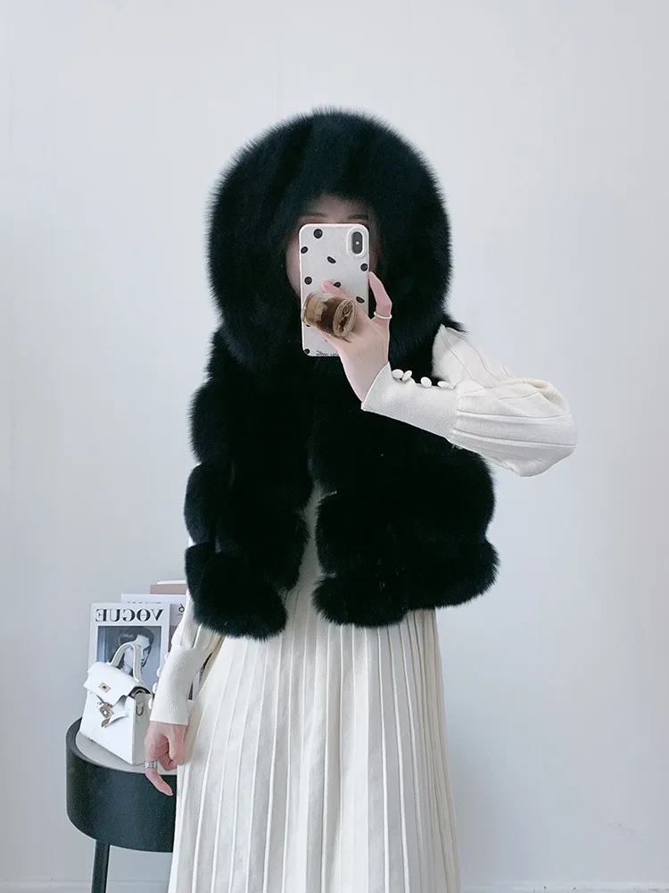 Women's Natural Fox Fur Vest Winter Warm Thick Fashion Hooded Genuine Sheepskin Real Fur Short Outerwear for Ladies
