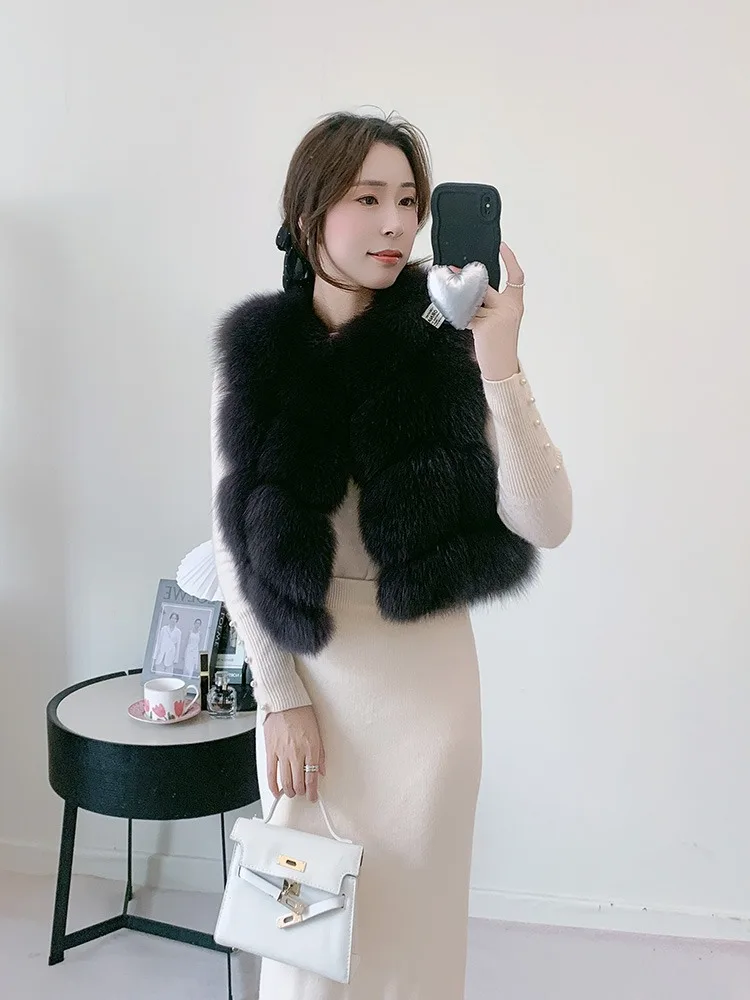Women's Natural Fox Fur Vest Winter Warm Thick Fashion Hooded Genuine Sheepskin Real Fur Short Outerwear for Ladies