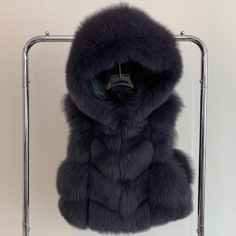 Women's Natural Fox Fur Vest Winter Warm Thick Fashion Hooded Genuine Sheepskin Real Fur Short Outerwear for Ladies