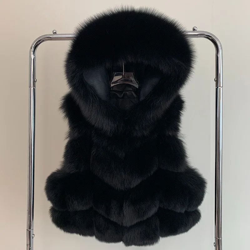 Women's Natural Fox Fur Vest Winter Warm Thick Fashion Hooded Genuine Sheepskin Real Fur Short Outerwear for Ladies