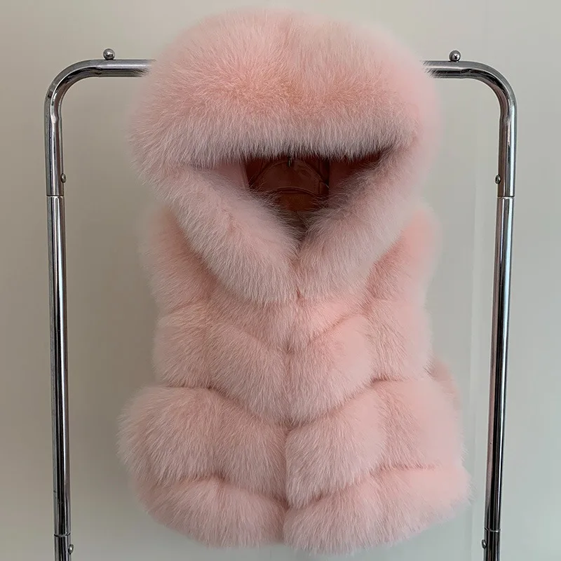Women's Natural Fox Fur Vest Winter Warm Thick Fashion Hooded Genuine Sheepskin Real Fur Short Outerwear for Ladies