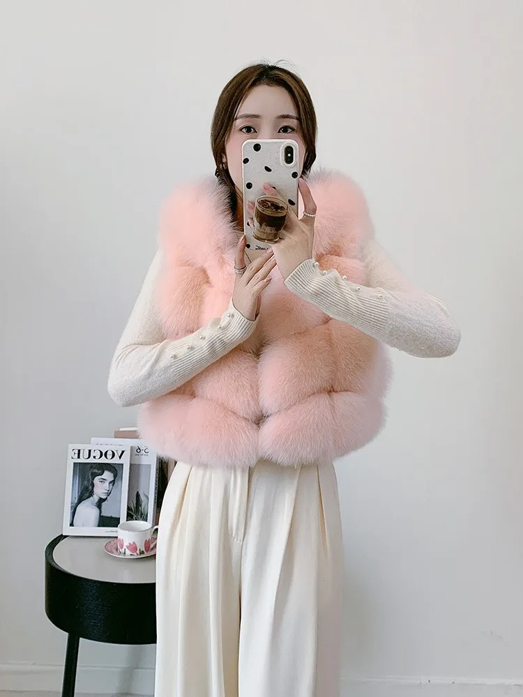 Women's Natural Fox Fur Vest Winter Warm Thick Fashion Hooded Genuine Sheepskin Real Fur Short Outerwear for Ladies