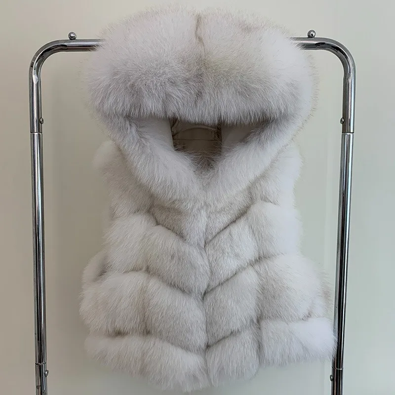 Women's Natural Fox Fur Vest Winter Warm Thick Fashion Hooded Genuine Sheepskin Real Fur Short Outerwear for Ladies