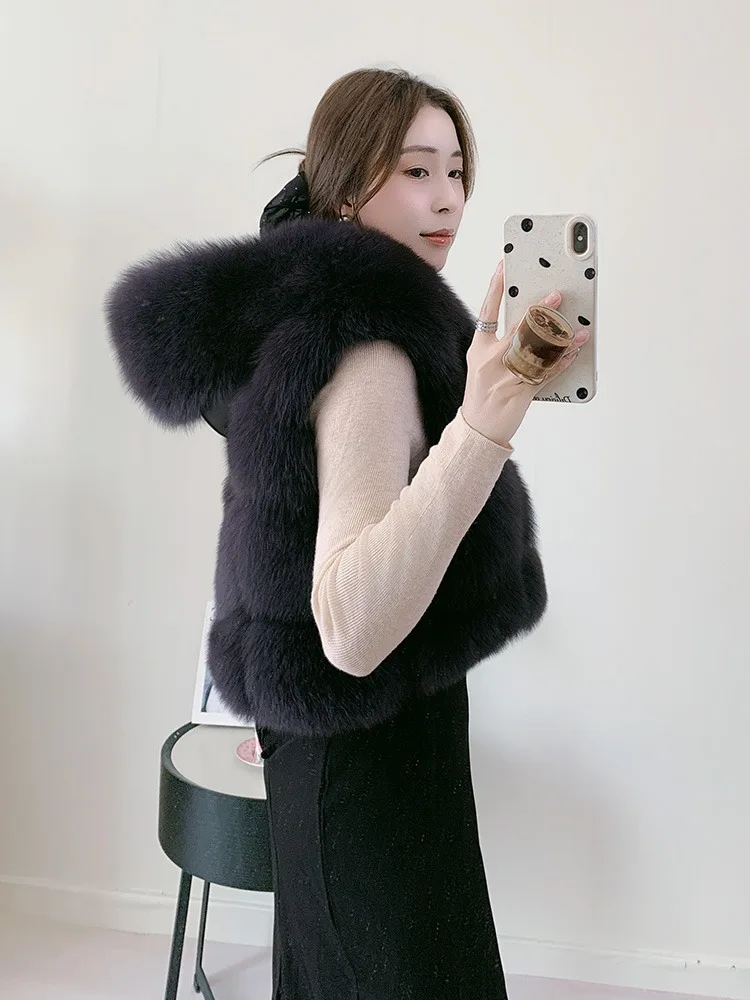 Women's Natural Fox Fur Vest Winter Warm Thick Fashion Hooded Genuine Sheepskin Real Fur Short Outerwear for Ladies
