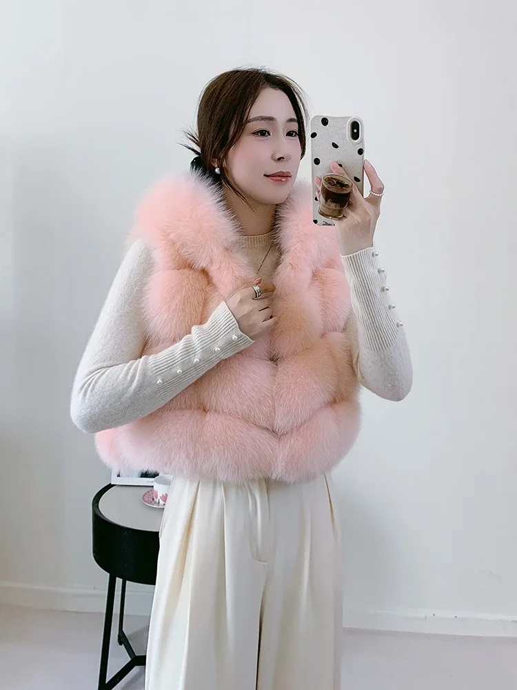 Women's Natural Fox Fur Vest Winter Warm Thick Fashion Hooded Genuine Sheepskin Real Fur Short Outerwear for Ladies