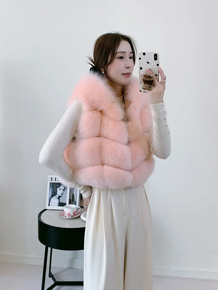 Women's Natural Fox Fur Vest Winter Warm Thick Fashion Hooded Genuine Sheepskin Real Fur Short Outerwear for Ladies