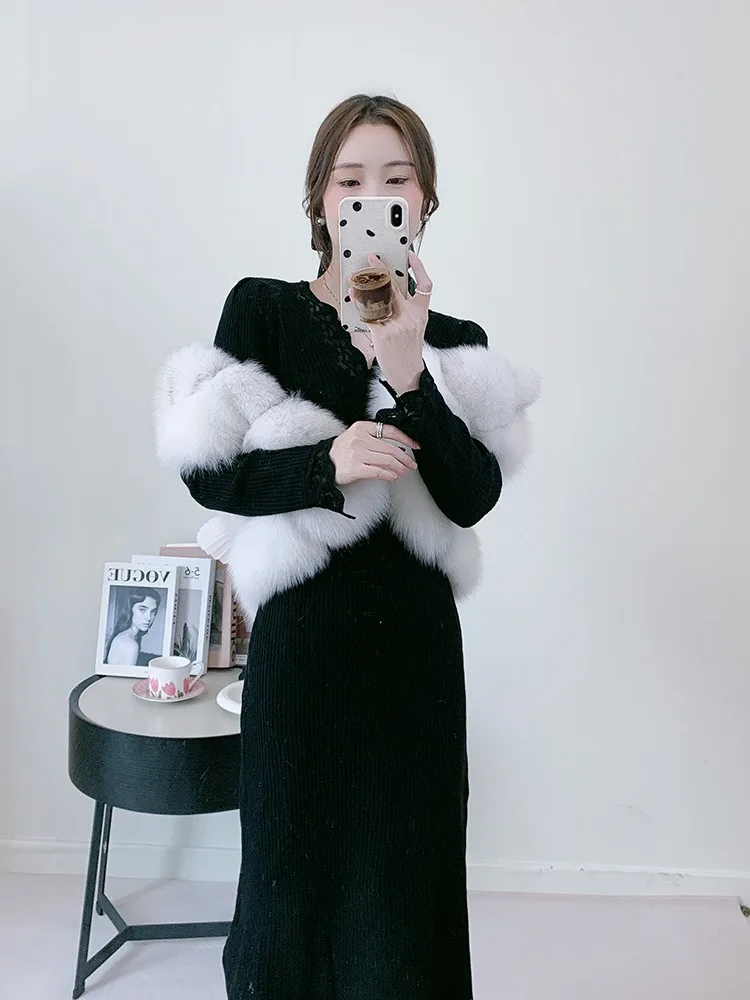 Women's Natural Fox Fur Vest Winter Warm Thick Fashion Hooded Genuine Sheepskin Real Fur Short Outerwear for Ladies