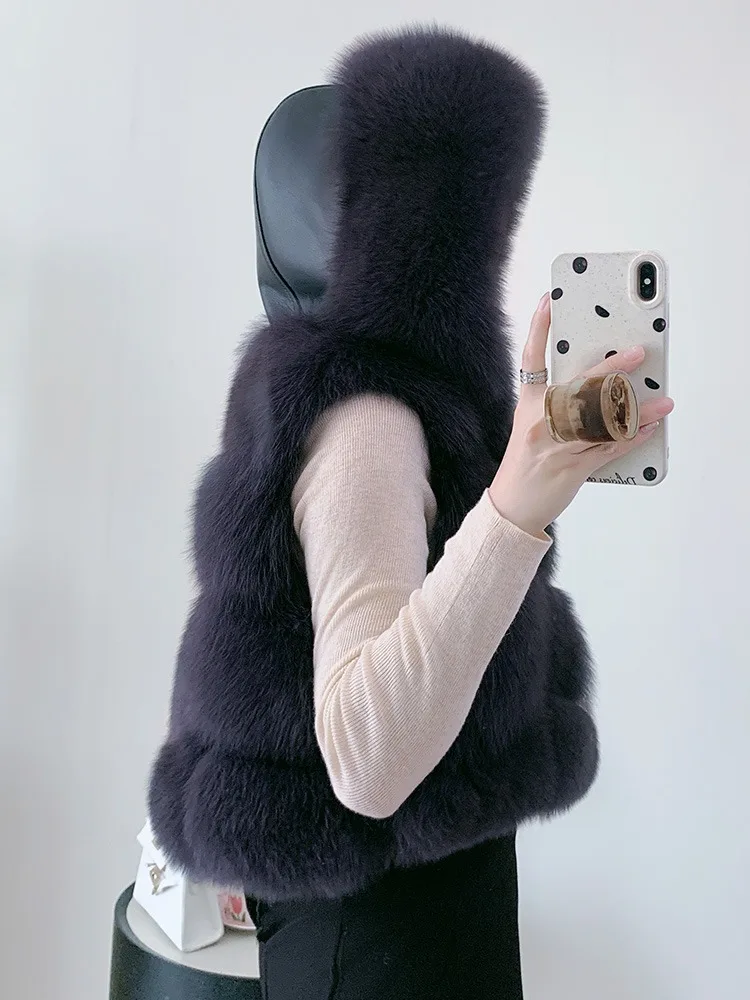 Women's Natural Fox Fur Vest Winter Warm Thick Fashion Hooded Genuine Sheepskin Real Fur Short Outerwear for Ladies