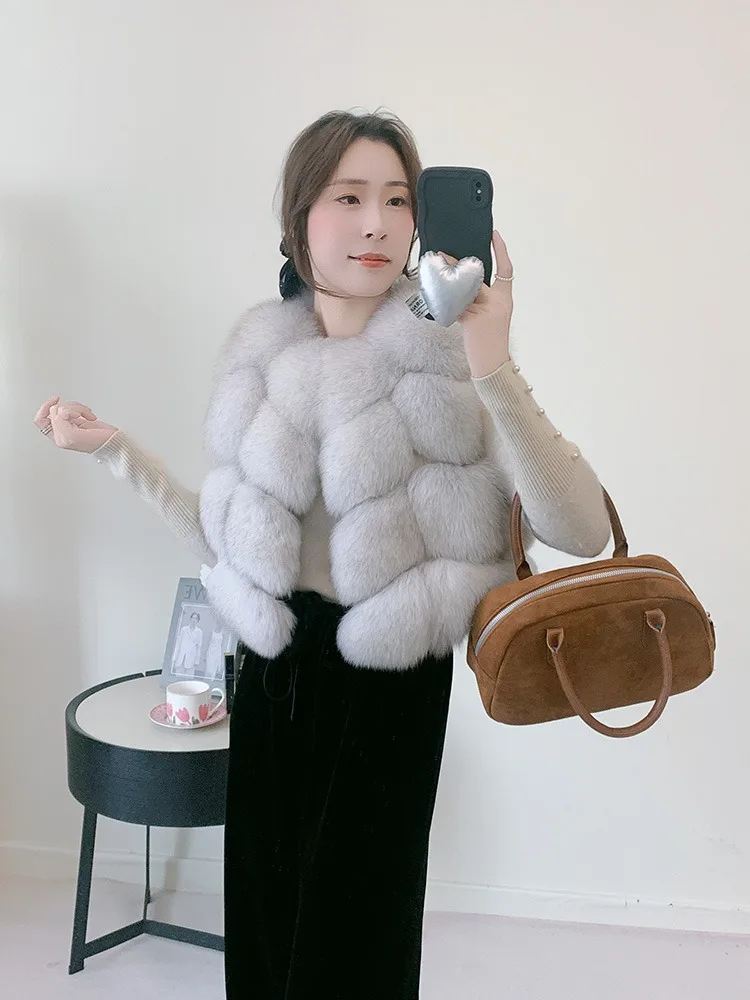 Women's Natural Fox Fur Vest Winter Warm Thick Fashion Hooded Genuine Sheepskin Real Fur Short Outerwear for Ladies