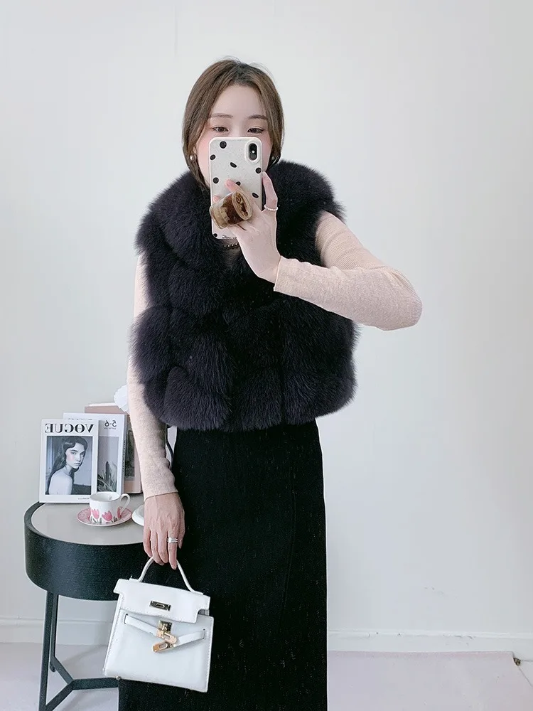 Women's Natural Fox Fur Vest Winter Warm Thick Fashion Hooded Genuine Sheepskin Real Fur Short Outerwear for Ladies