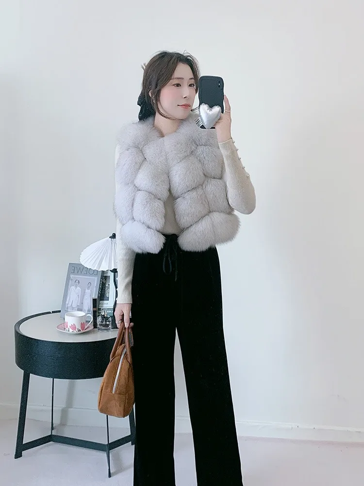 Women's Natural Fox Fur Vest Winter Warm Thick Fashion Hooded Genuine Sheepskin Real Fur Short Outerwear for Ladies