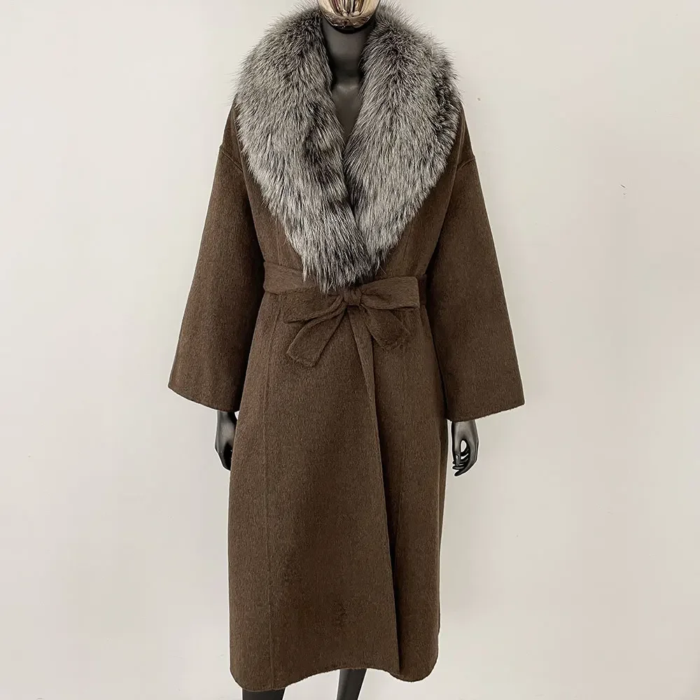 OFTBUY Real Fur Coat 2024 Oversize Ladies Outerwear Winter Women Natural Fox Fur Collar Jacket Hood Cashmere Woolen Blend Coat