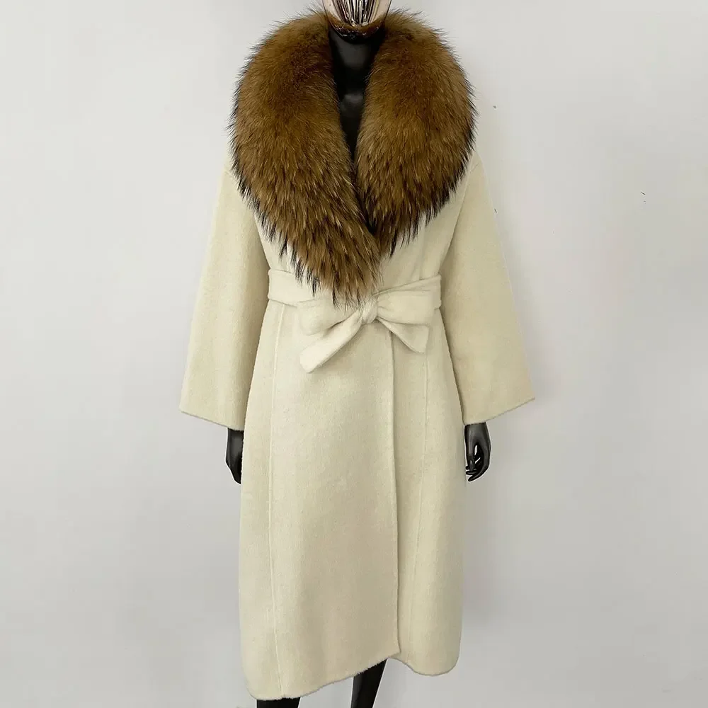 OFTBUY Real Fur Coat 2024 Oversize Ladies Outerwear Winter Women Natural Fox Fur Collar Jacket Hood Cashmere Woolen Blend Coat
