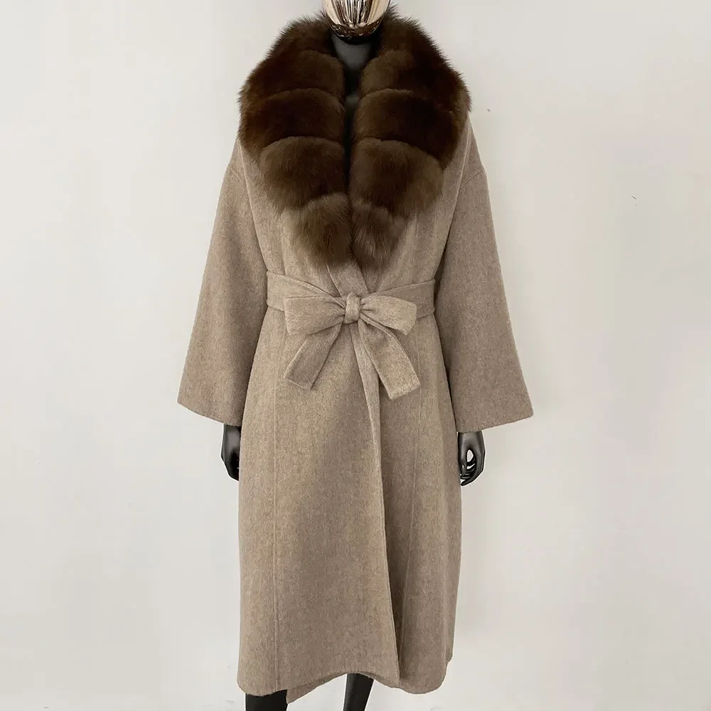 OFTBUY Real Fur Coat 2024 Oversize Ladies Outerwear Winter Women Natural Fox Fur Collar Jacket Hood Cashmere Woolen Blend Coat