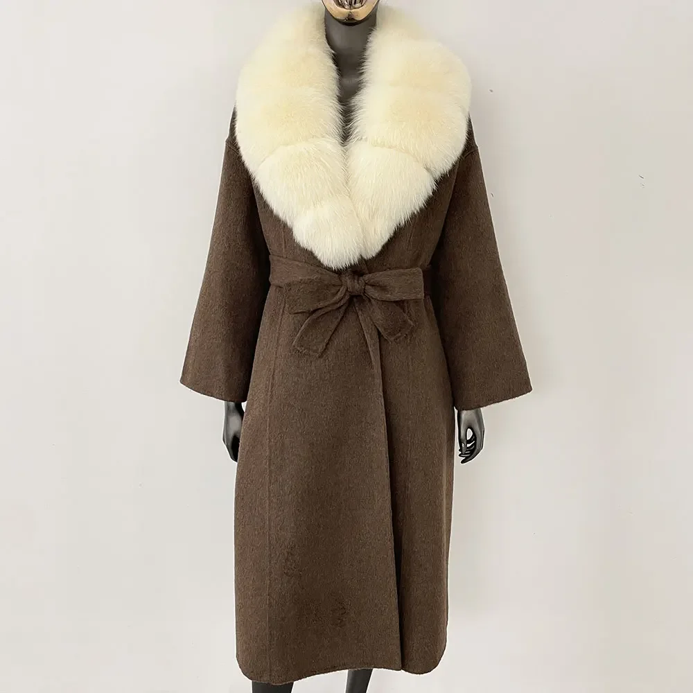 OFTBUY Real Fur Coat 2024 Oversize Ladies Outerwear Winter Women Natural Fox Fur Collar Jacket Hood Cashmere Woolen Blend Coat