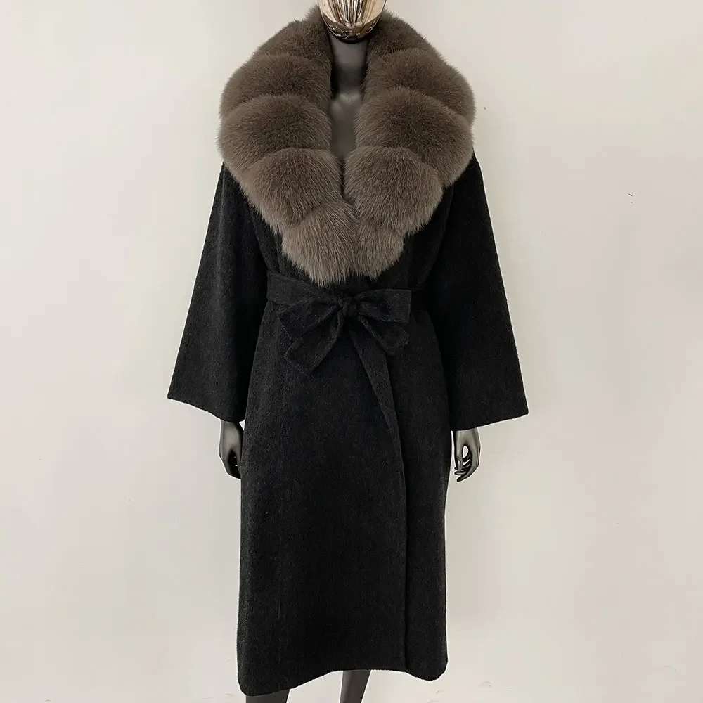 OFTBUY Real Fur Coat 2024 Oversize Ladies Outerwear Winter Women Natural Fox Fur Collar Jacket Hood Cashmere Woolen Blend Coat