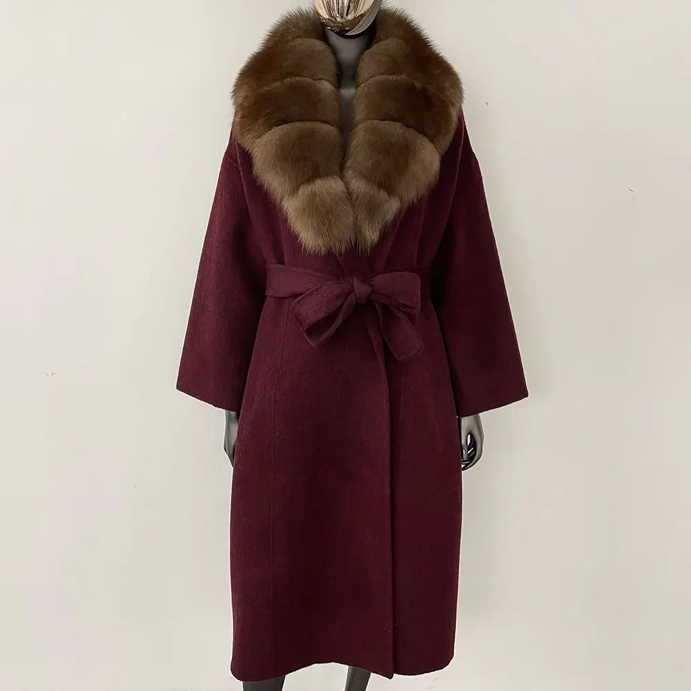 OFTBUY Real Fur Coat 2024 Oversize Ladies Outerwear Winter Women Natural Fox Fur Collar Jacket Hood Cashmere Woolen Blend Coat