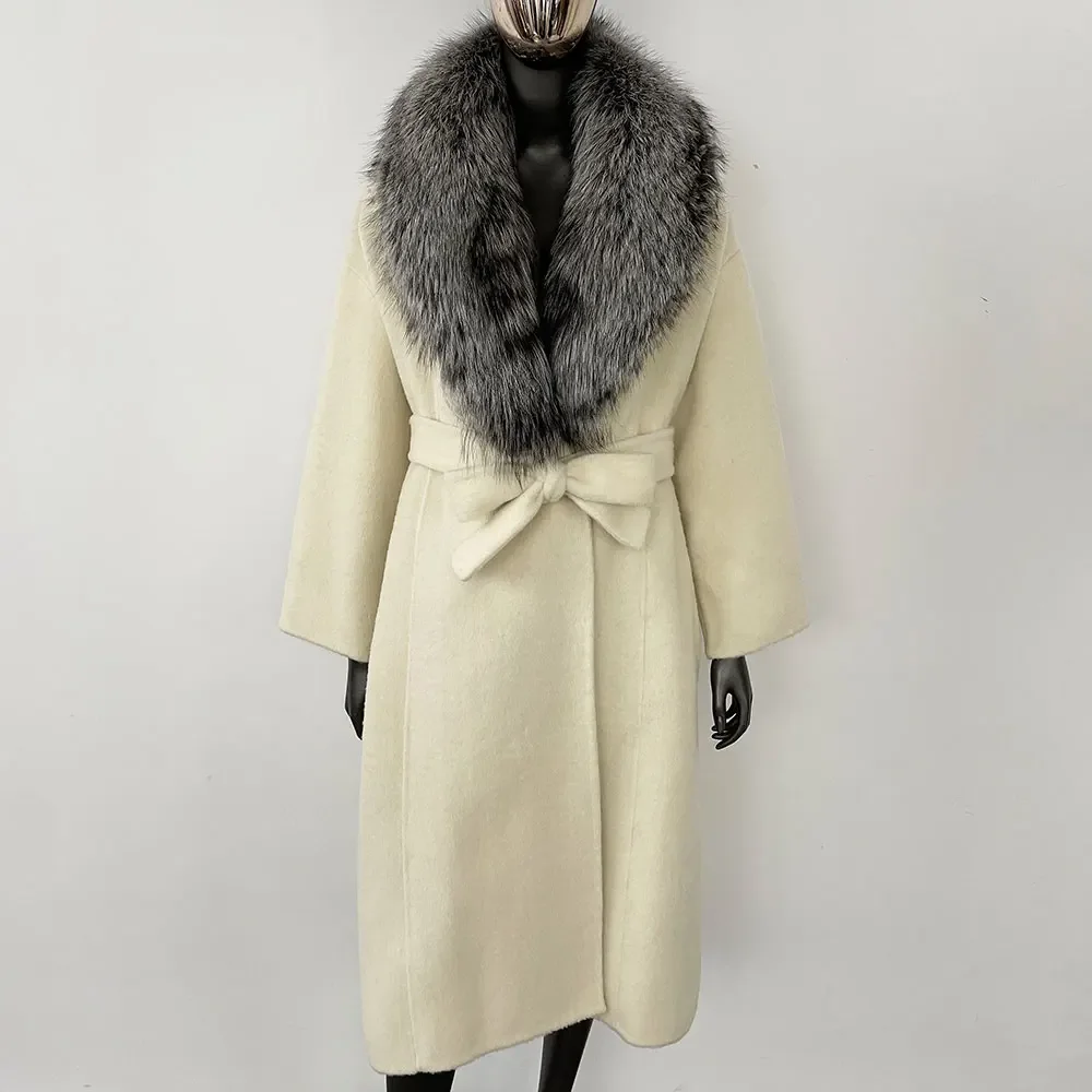 OFTBUY Real Fur Coat 2024 Oversize Ladies Outerwear Winter Women Natural Fox Fur Collar Jacket Hood Cashmere Woolen Blend Coat