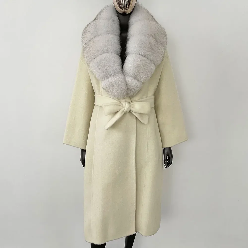 OFTBUY Real Fur Coat 2024 Oversize Ladies Outerwear Winter Women Natural Fox Fur Collar Jacket Hood Cashmere Woolen Blend Coat