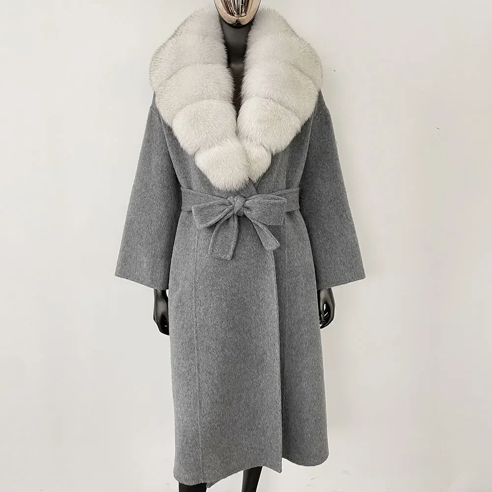 OFTBUY Real Fur Coat 2024 Oversize Ladies Outerwear Winter Women Natural Fox Fur Collar Jacket Hood Cashmere Woolen Blend Coat