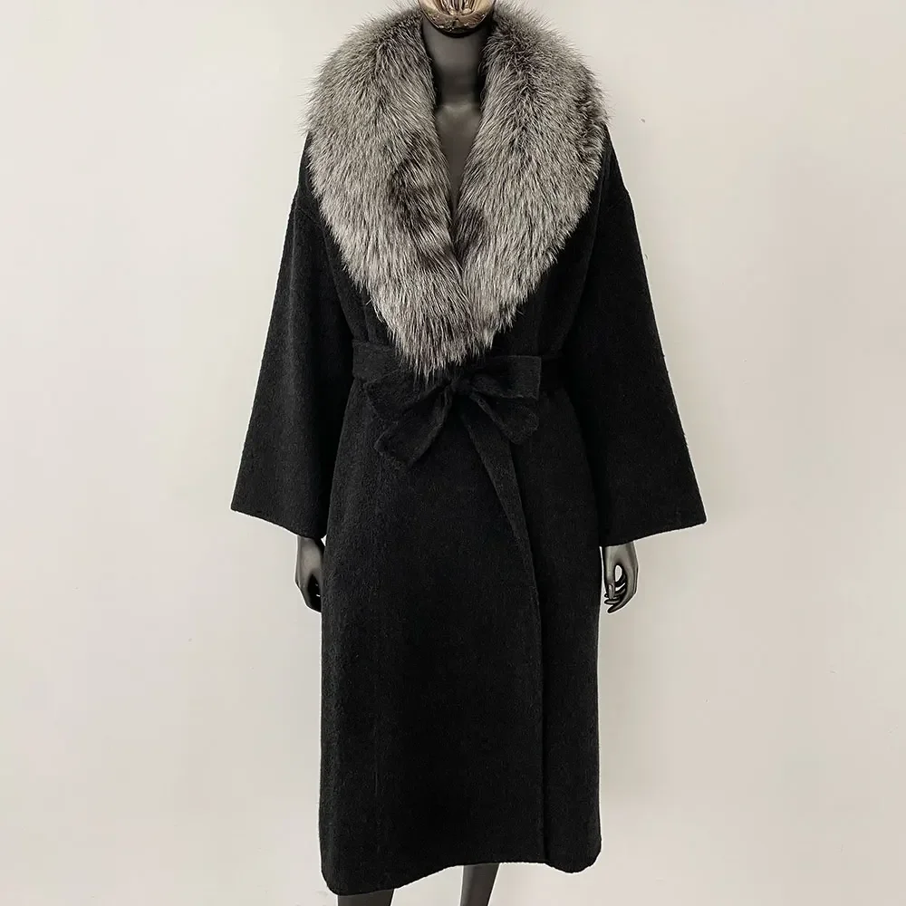 OFTBUY Real Fur Coat 2024 Oversize Ladies Outerwear Winter Women Natural Fox Fur Collar Jacket Hood Cashmere Woolen Blend Coat