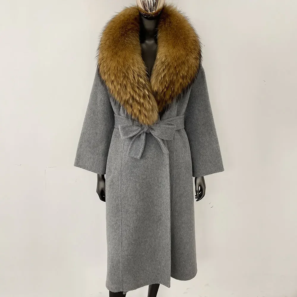 OFTBUY Real Fur Coat 2024 Oversize Ladies Outerwear Winter Women Natural Fox Fur Collar Jacket Hood Cashmere Woolen Blend Coat