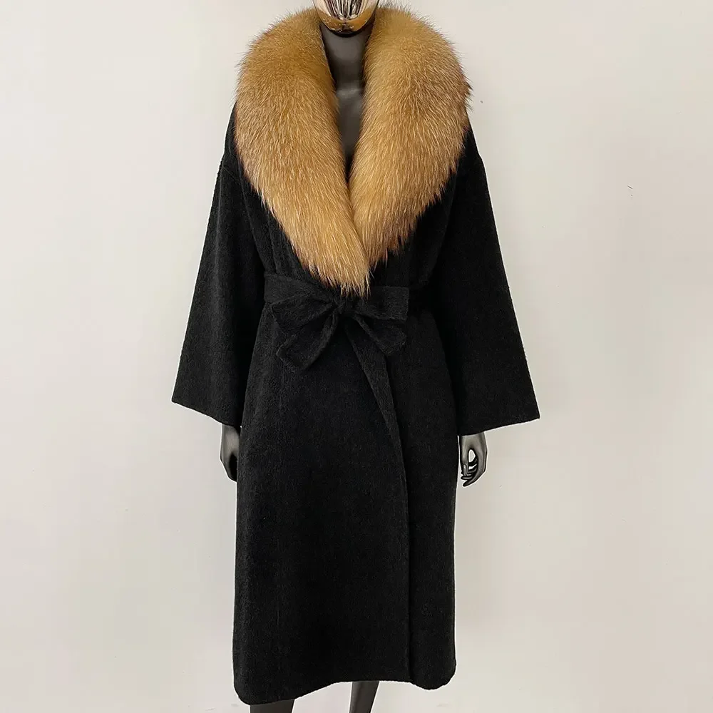 OFTBUY Real Fur Coat 2024 Oversize Ladies Outerwear Winter Women Natural Fox Fur Collar Jacket Hood Cashmere Woolen Blend Coat