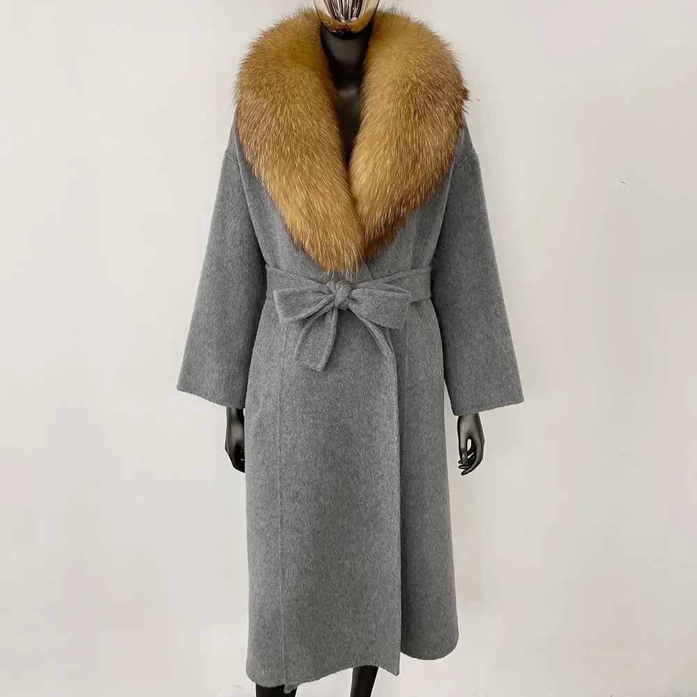 OFTBUY Real Fur Coat 2024 Oversize Ladies Outerwear Winter Women Natural Fox Fur Collar Jacket Hood Cashmere Woolen Blend Coat