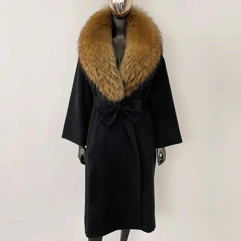 OFTBUY Real Fur Coat 2024 Oversize Ladies Outerwear Winter Women Natural Fox Fur Collar Jacket Hood Cashmere Woolen Blend Coat