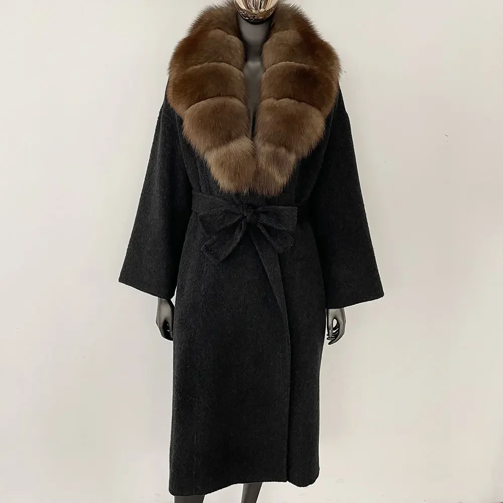 OFTBUY Real Fur Coat 2024 Oversize Ladies Outerwear Winter Women Natural Fox Fur Collar Jacket Hood Cashmere Woolen Blend Coat