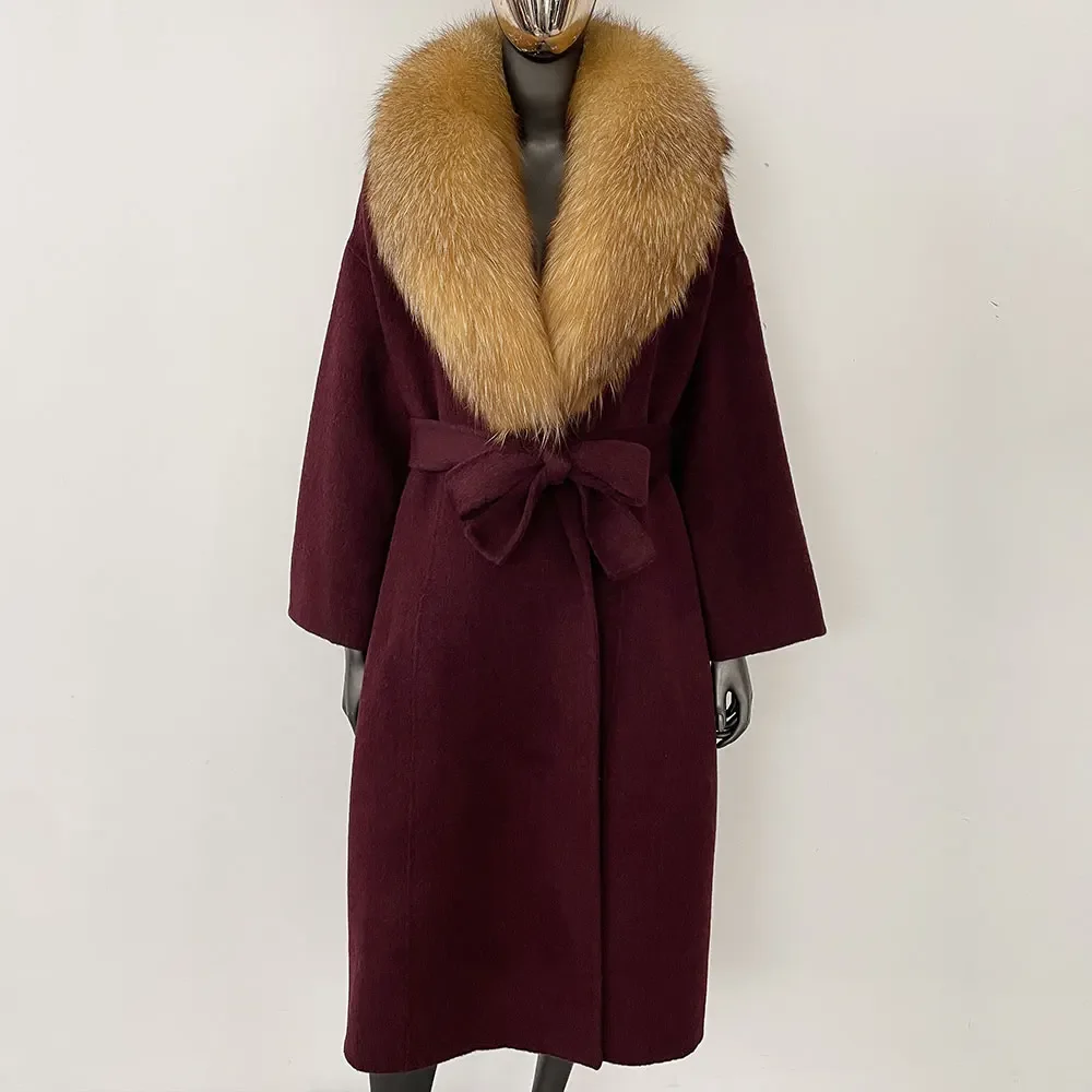 OFTBUY Real Fur Coat 2024 Oversize Ladies Outerwear Winter Women Natural Fox Fur Collar Jacket Hood Cashmere Woolen Blend Coat