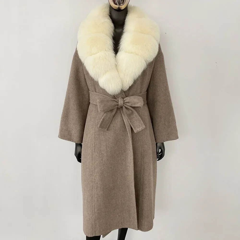 OFTBUY Real Fur Coat 2024 Oversize Ladies Outerwear Winter Women Natural Fox Fur Collar Jacket Hood Cashmere Woolen Blend Coat