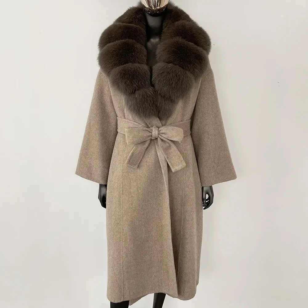 OFTBUY Real Fur Coat 2024 Oversize Ladies Outerwear Winter Women Natural Fox Fur Collar Jacket Hood Cashmere Woolen Blend Coat