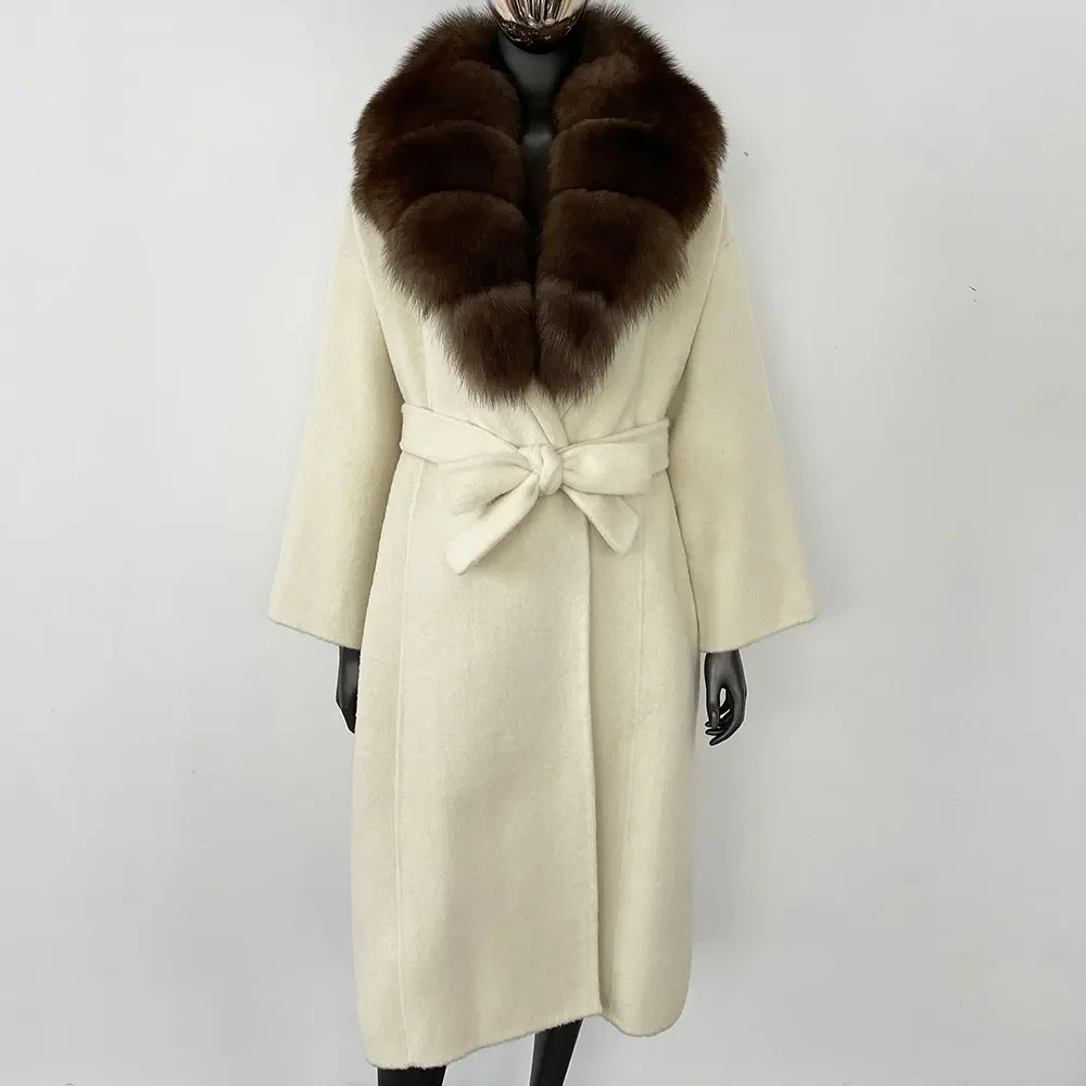 OFTBUY Real Fur Coat 2024 Oversize Ladies Outerwear Winter Women Natural Fox Fur Collar Jacket Hood Cashmere Woolen Blend Coat