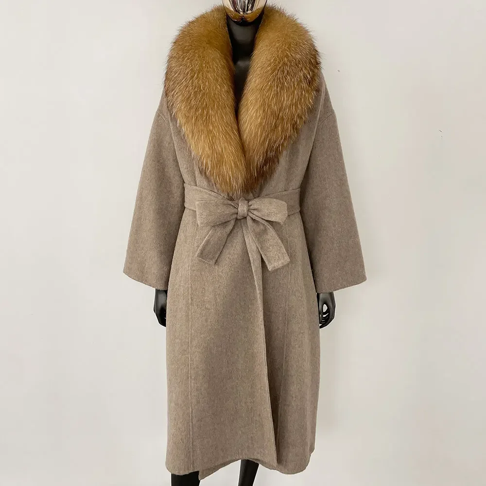 OFTBUY Real Fur Coat 2024 Oversize Ladies Outerwear Winter Women Natural Fox Fur Collar Jacket Hood Cashmere Woolen Blend Coat