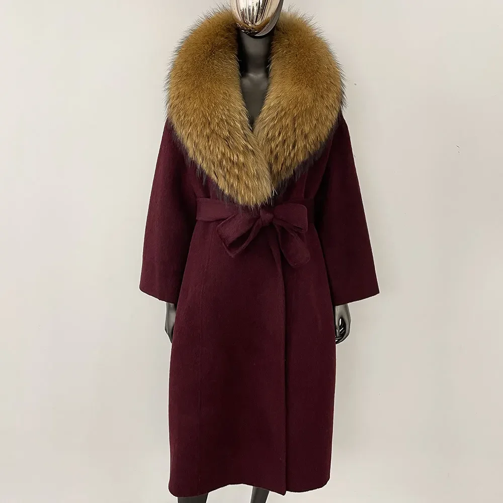 OFTBUY Real Fur Coat 2024 Oversize Ladies Outerwear Winter Women Natural Fox Fur Collar Jacket Hood Cashmere Woolen Blend Coat