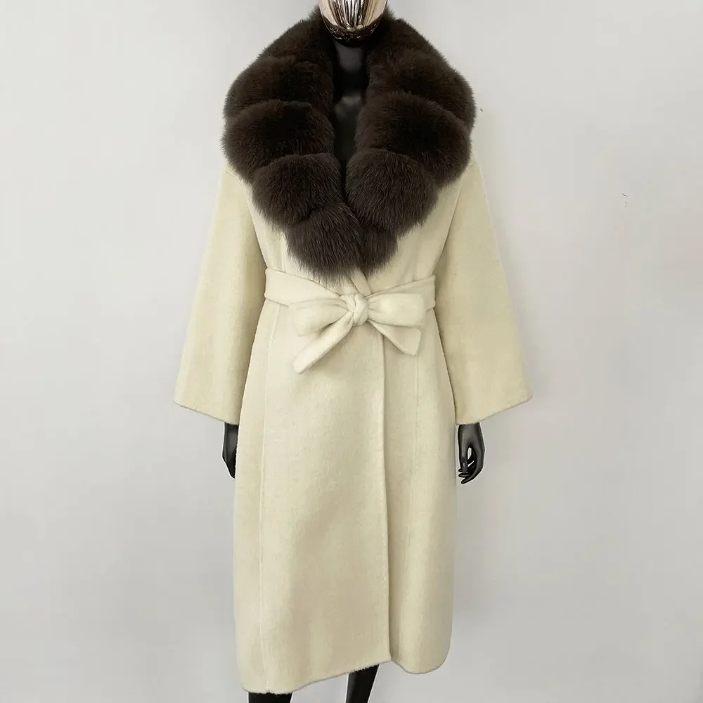 OFTBUY Real Fur Coat 2024 Oversize Ladies Outerwear Winter Women Natural Fox Fur Collar Jacket Hood Cashmere Woolen Blend Coat