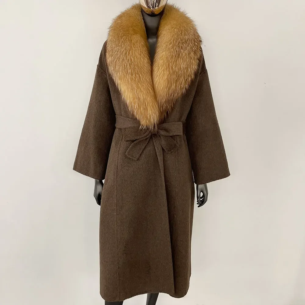 OFTBUY Real Fur Coat 2024 Oversize Ladies Outerwear Winter Women Natural Fox Fur Collar Jacket Hood Cashmere Woolen Blend Coat