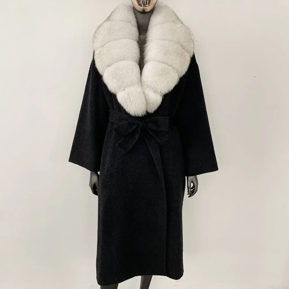 OFTBUY Real Fur Coat 2024 Oversize Ladies Outerwear Winter Women Natural Fox Fur Collar Jacket Hood Cashmere Woolen Blend Coat