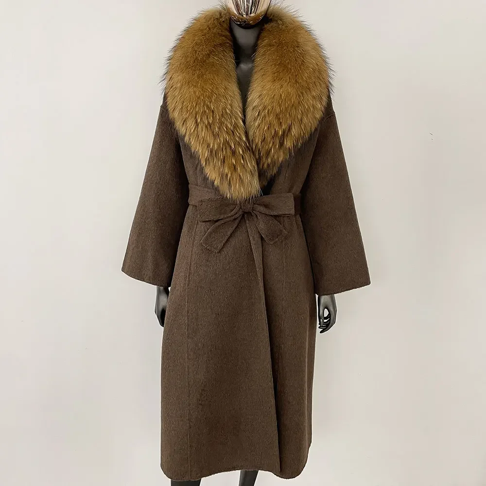 OFTBUY Real Fur Coat 2024 Oversize Ladies Outerwear Winter Women Natural Fox Fur Collar Jacket Hood Cashmere Woolen Blend Coat