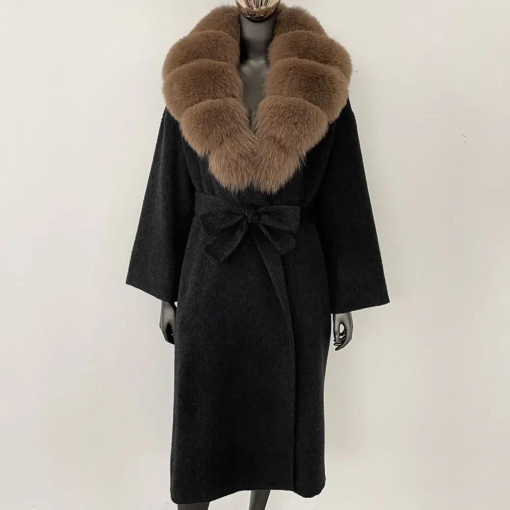 OFTBUY Real Fur Coat 2024 Oversize Ladies Outerwear Winter Women Natural Fox Fur Collar Jacket Hood Cashmere Woolen Blend Coat