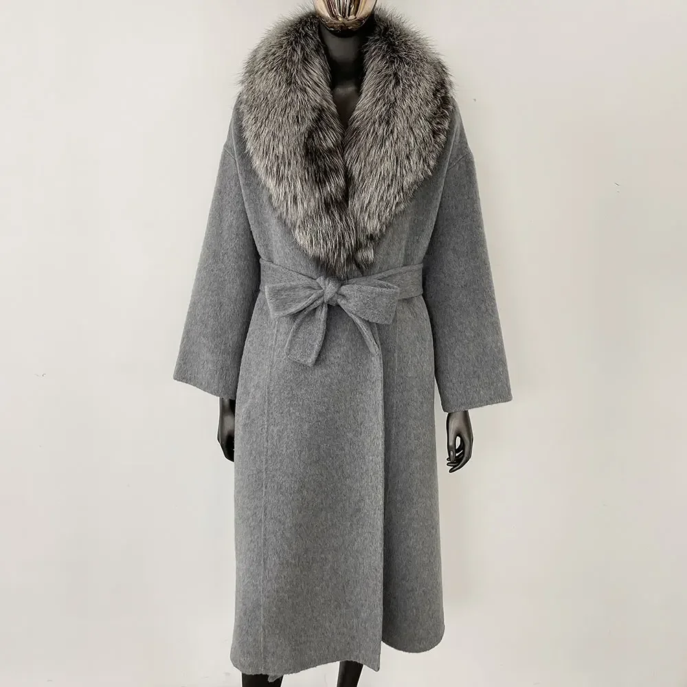OFTBUY Real Fur Coat 2024 Oversize Ladies Outerwear Winter Women Natural Fox Fur Collar Jacket Hood Cashmere Woolen Blend Coat