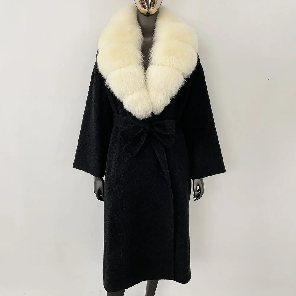 OFTBUY Real Fur Coat 2024 Oversize Ladies Outerwear Winter Women Natural Fox Fur Collar Jacket Hood Cashmere Woolen Blend Coat