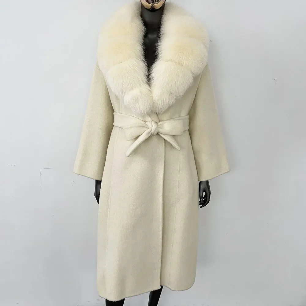 OFTBUY Real Fur Coat 2024 Oversize Ladies Outerwear Winter Women Natural Fox Fur Collar Jacket Hood Cashmere Woolen Blend Coat
