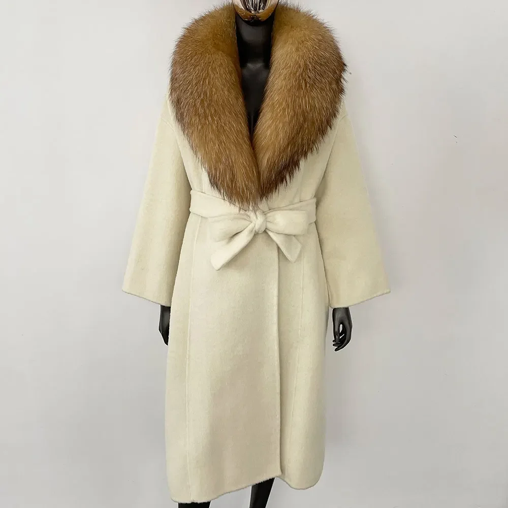 OFTBUY Real Fur Coat 2024 Oversize Ladies Outerwear Winter Women Natural Fox Fur Collar Jacket Hood Cashmere Woolen Blend Coat