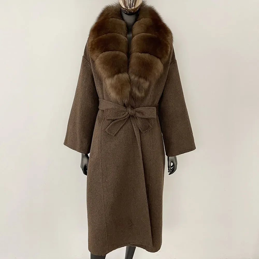 OFTBUY Real Fur Coat 2024 Oversize Ladies Outerwear Winter Women Natural Fox Fur Collar Jacket Hood Cashmere Woolen Blend Coat