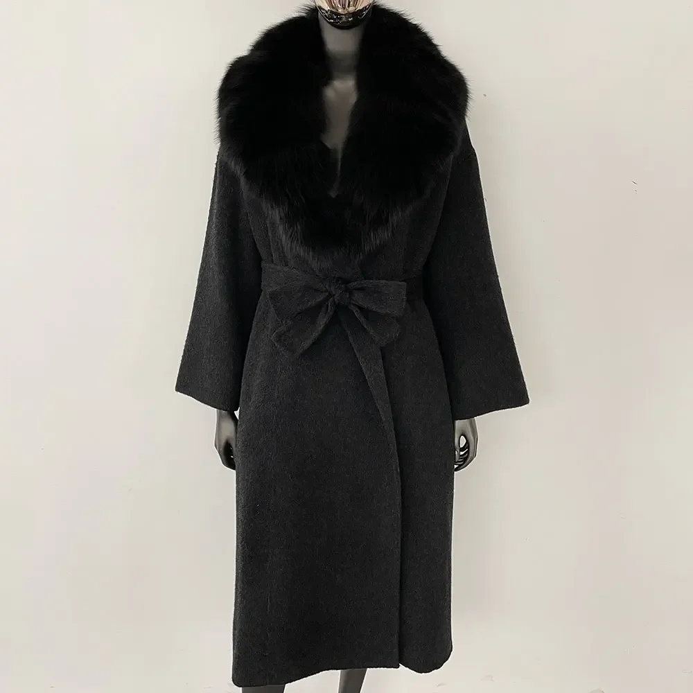 OFTBUY Real Fur Coat 2024 Oversize Ladies Outerwear Winter Women Natural Fox Fur Collar Jacket Hood Cashmere Woolen Blend Coat
